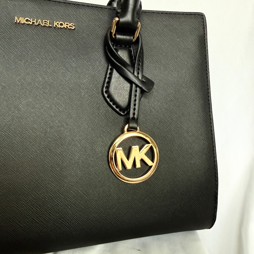 Michael Kors Black Saffiano Leather Satchel with Gold Accent Charm - Picture 2 of 7